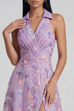 Vestido Midi sin mangas con escote en V con flor lila y línea A con abertura