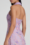 Vestido Midi sin mangas con escote en V con flor lila y línea A con abertura