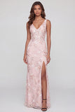 Vestido midi rosa brillante con escote en V y escote en V con abertura