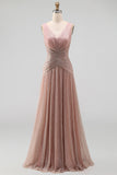 Vestido formal largo plisado de cuello en V rosa polvoriento