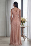 Vestido formal largo plisado de cuello en V rosa polvoriento