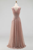 Vestido formal largo plisado de cuello en V rosa polvoriento