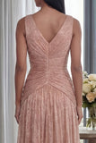 Vestido formal largo plisado de cuello en V rosa polvoriento