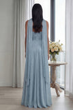 Vestido formal largo plisado y con cinta azul celeste sin tirantes