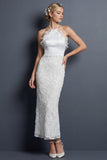 Vestido de novia largo blanco con volantes con halteros y funda