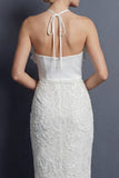 Vestido de novia largo blanco con volantes con halteros y funda