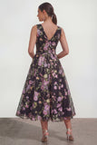 Vestido midi negro de cuello en V con lazo y lazo
