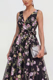 Vestido midi negro de cuello en V con lazo y lazo
