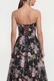 Vestido Midi sin tirantes de A Line Black Pink Pink Flower con bolsillos