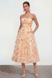 Vestido Midi Champagne Strapless A Line con flores 3D