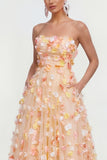 Vestido Midi Champagne Strapless A Line con flores 3D