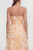 Vestido Midi Champagne Strapless A Line con flores 3D