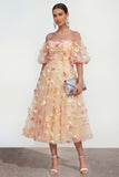 Vestido floral midi Champán Champán A Línea 3D Flores con Aplique
