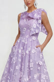 Vestido midi rosa floral con arco y cuello redondo, bolsillos