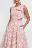 Vestido midi rosa floral con arco y cuello redondo, bolsillos