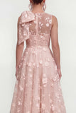 Vestido midi rosa floral con arco y cuello redondo, bolsillos