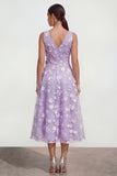Vestido midi floral midi de escote en V lila con lazo