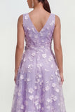 Vestido midi floral midi de escote en V lila con lazo