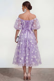 Vestido midi floral rosa A-line de hombros descubiertos con encaje en la espalda
