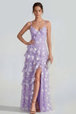 Vestido largo floral lila Shearh con tirantes finos y volantes