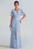 Vestido largo floral de manga corta funda azul con abertura