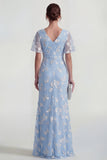 Vestido largo floral de manga corta funda azul con abertura