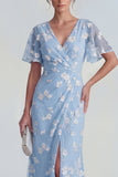 Vestido largo floral de manga corta funda azul con abertura