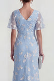 Vestido largo floral de manga corta funda azul con abertura