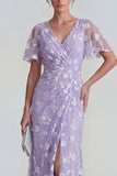 Vestido largo floral de manga corta funda azul con abertura