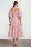 Vestido midi rosa floral A-Line A-Shoulder con mangas abullonadas