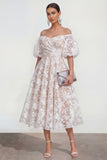 Vestido midi rosa floral A-Line A-Shoulder con mangas abullonadas