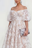 Vestido midi rosa floral A-Line A-Shoulder con mangas abullonadas