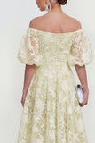 Vestido midi rosa floral A-Line A-Shoulder con mangas abullonadas