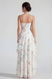 Vestido Maxi multifloral de tirantes finos blancos con volantes