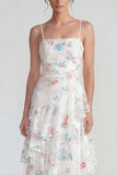 Vestido Maxi multifloral de tirantes finos blancos con volantes