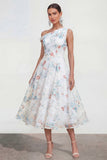 Vestido midi multifloral blanco de un solo hombro