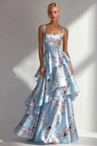 Vestido largo largo de satén estampado con volantes azul A Line