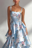 Vestido largo largo de satén estampado con volantes azul A Line