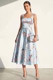 Vestido midi midi de satén estampado en cuello azul azul