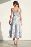 Vestido midi midi de satén estampado en cuello azul azul