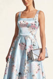 Vestido midi midi de satén estampado en cuello azul azul
