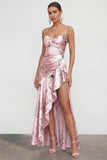 Vestido floral estampado rosa A Line con tirantes finos y abertura de volantes