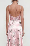 Vestido floral estampado rosa A Line con tirantes finos y abertura de volantes