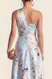Vestido midi floral azul estampado de un hombro A Line