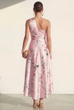 Vestido midi floral azul estampado de un hombro A Line