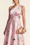 Vestido midi floral azul estampado de un hombro A Line