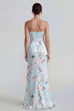 Corsé rosa sin tirantes funda, vestido largo floral con abertura con volantes