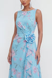 Vestido largo de gasa azul 3D con estampado de flores en A y abertura de volantes
