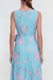 Vestido largo de gasa azul 3D con estampado de flores en A y abertura de volantes