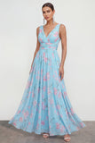 Vestido largo floral de gasa azul A-line de escote en V